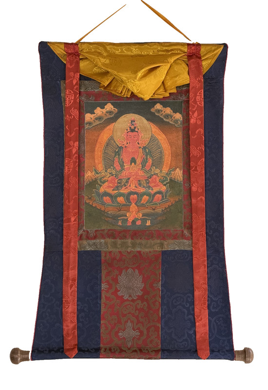 HAND PAINTED AMITAYUS BUDDHA TIBETAN THANGKA OIL VARNISHED- WITH SILK BROCADE
