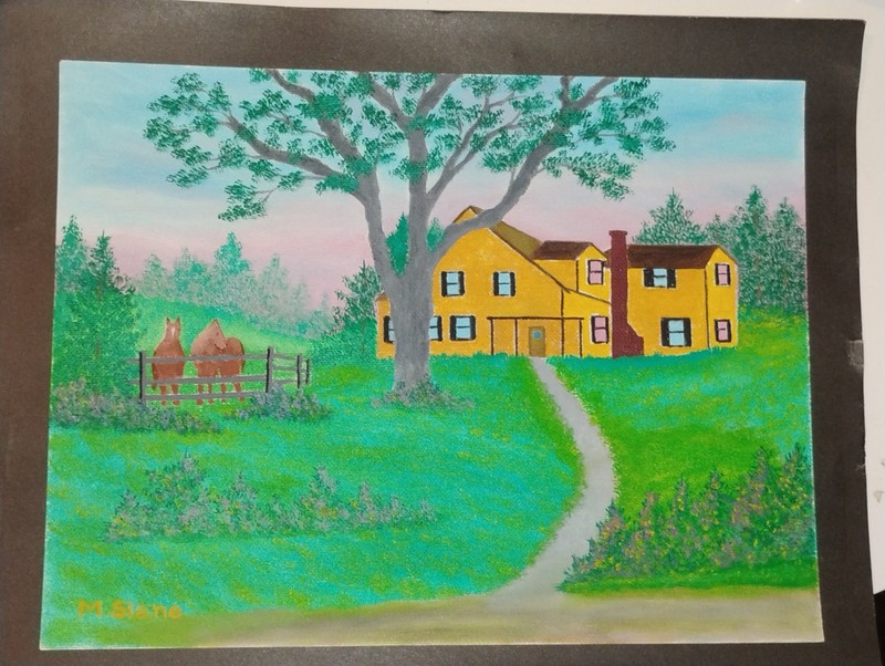 Vtg Folk Art Oil Painting Rustic Colonial Homestead Horses Signed Merrill Slane