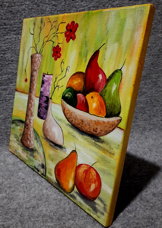 Fruits and flowers in a vase on the table.Original oil painting on canvas 10x10" gallery