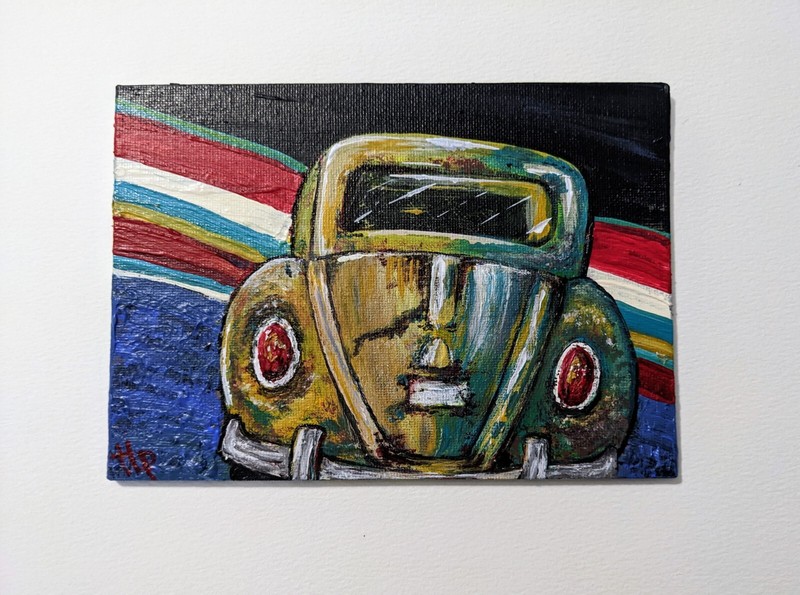 ORIGINAL PAINTING on Canvas 4″ x 6″ Vintage Volkswagen Beetle Bug Yellow
