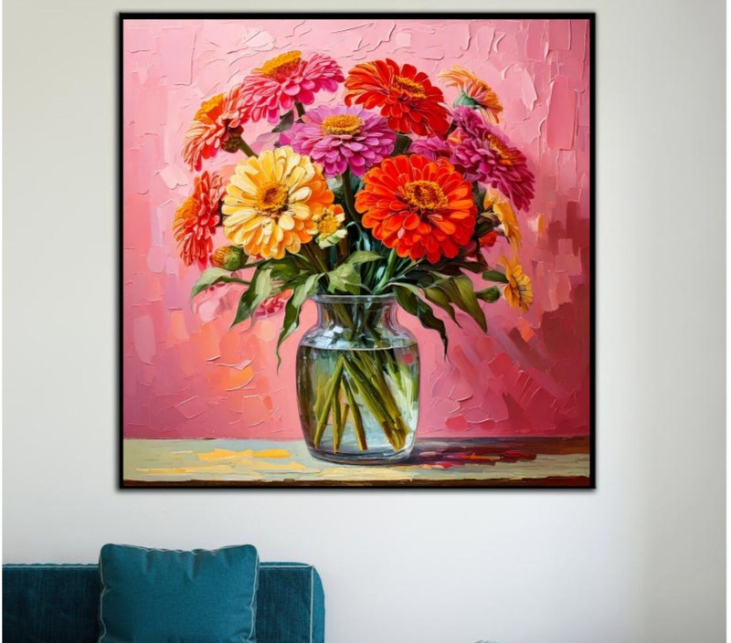 ORIGINAL Oil PAINTING on Canvas Zinnia Textured Art 12x12 in Custom Order gallery