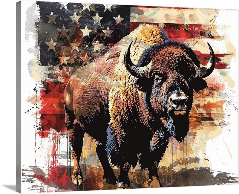 Patriotic Buffalo American Flag Background Art Galley Canvas Wrap Wall Art