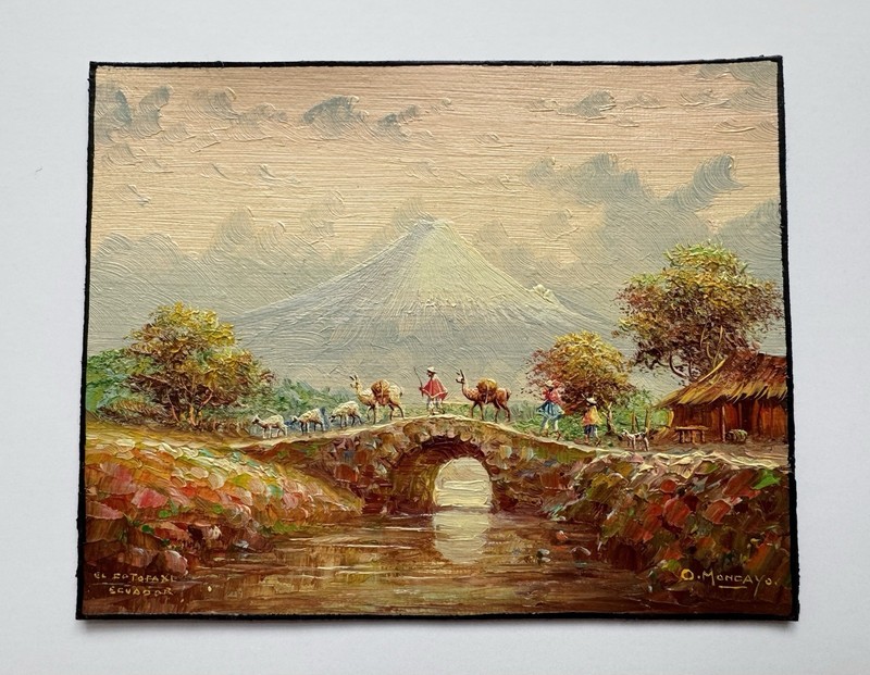 Miniature Painting Of Ecuadorians And El Cotopaxi By Oswaldo Moncayo