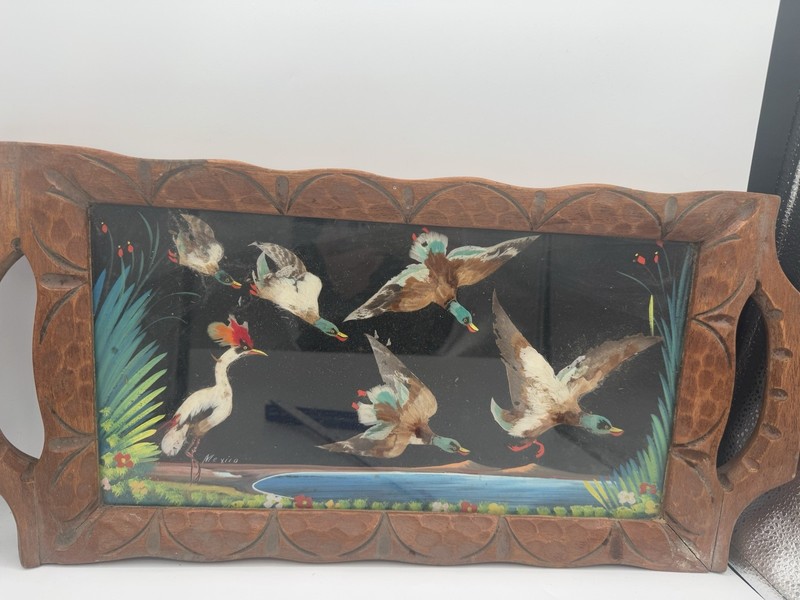 Duck Heron Wood Tray Painting Art In Frame Vintage