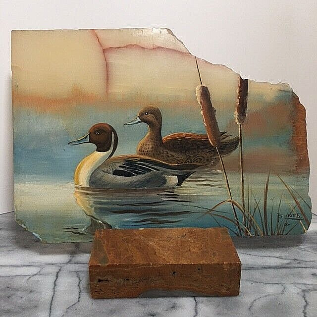 Hand Painted Ducks in Pond on Stone Slab with Stone Stand Signed 1991 Local P/U