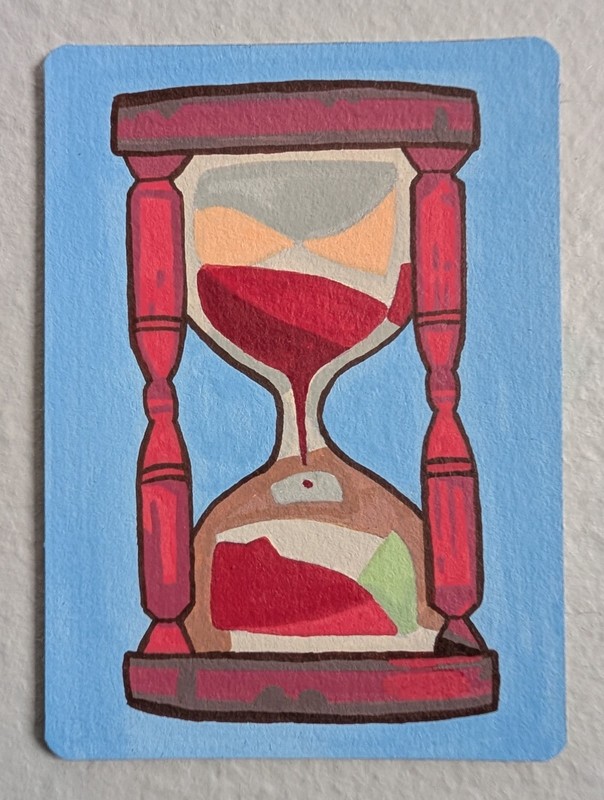 ACEO Original Art 2.5”x3.5”- Red, Cartoon Hourglass on Blue Background- by Izzyb