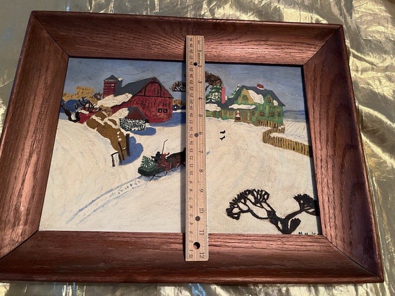Vnt American Folk Art Signed ‘53 Naive Oil Painting Winter Snow House Barn Scene gallery