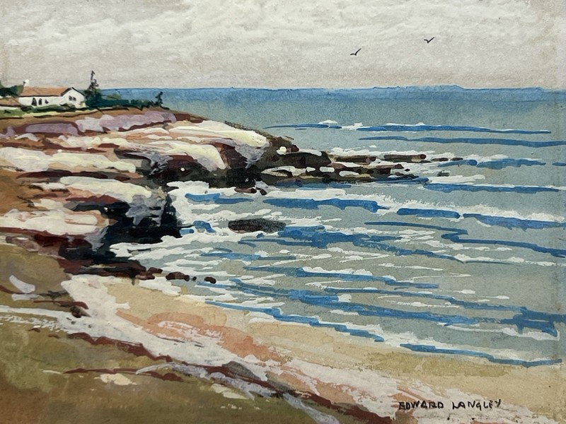 Listed Calif. Artist Edward Langley 1870-1949 Beach Watercolor Framed Painting gallery
