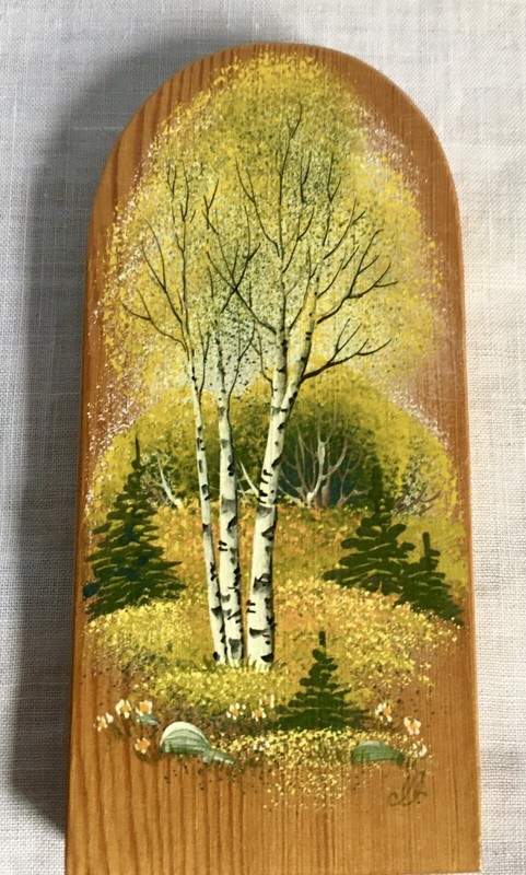 Hand painted field and forest scene with white birches, on wood gallery