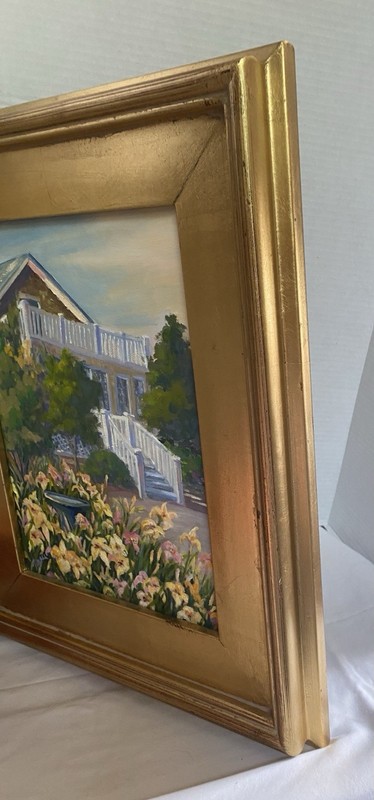 Beautiful Oil Painting with House, Flowers and Birdbath in Gold Wooden Frame gallery
