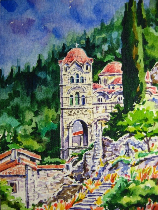 Watercolor Painting Old City Stone Houses Nature ACEO Art