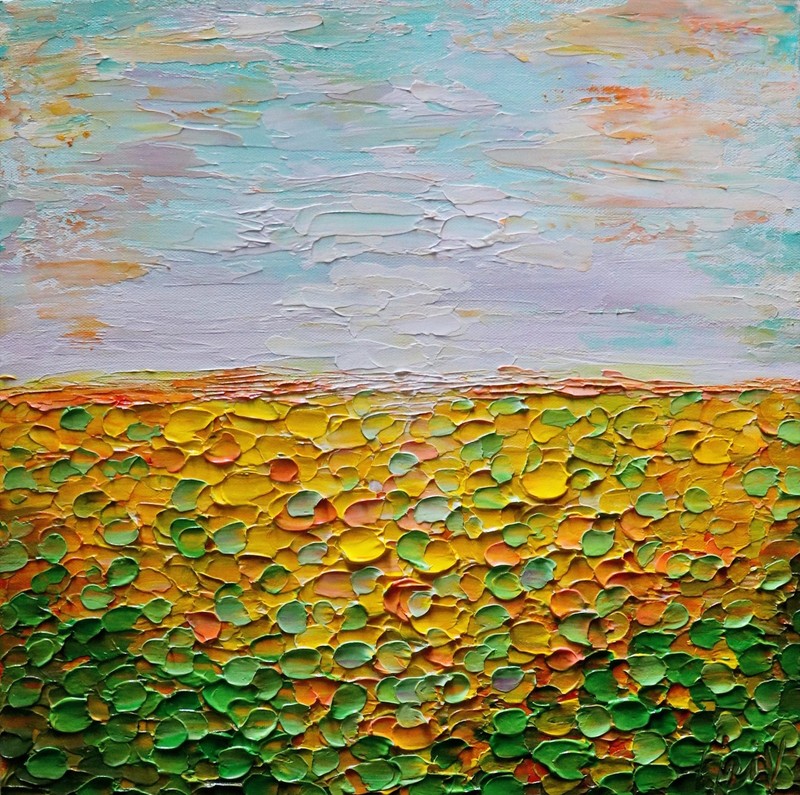 Abstract Sunflower Landscape Sunset Orange Green Yellow Original 16x16 Painting gallery