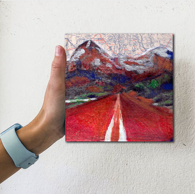 Travel Adventure Mountain Map Collage 4×4 Artwork Landscape Painting Home Decor