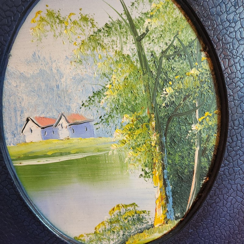 painting - landscape house trees water 9x11 blue plastic frame, blues and greens gallery