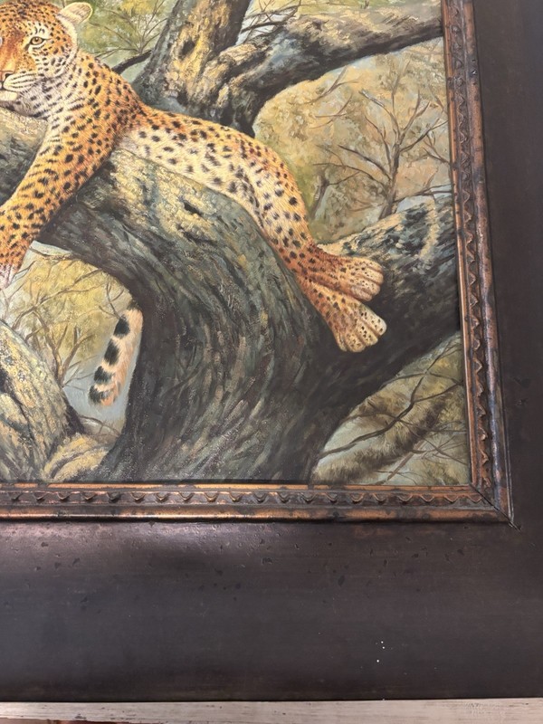 Vintage Signed Oil Painting “ Leopard Resting In Tree” Print 24x20 Framed 33x29 gallery