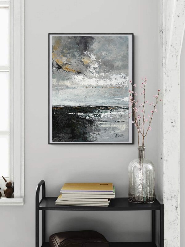 Neutral Abstract Seascape Painting Textured Gray Ochre Wall Art Canvas 20x30