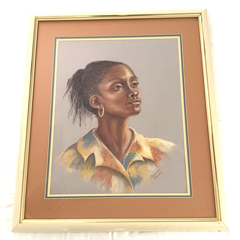 Vintage Original Black Female Pastel Portrait Painting Signed Framed 22×26″