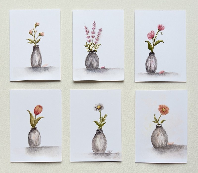 ACEO Original Floral Set of 6 OOAK Watercolor Paintings Quiet Little Blooms