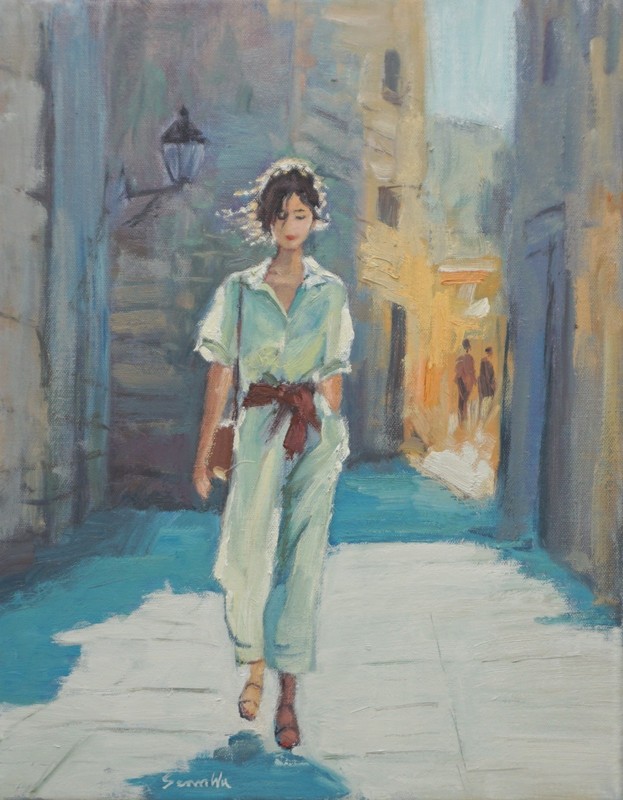 Sean Wu, Original 14×18″ oil on stretched canvas, On Her Way