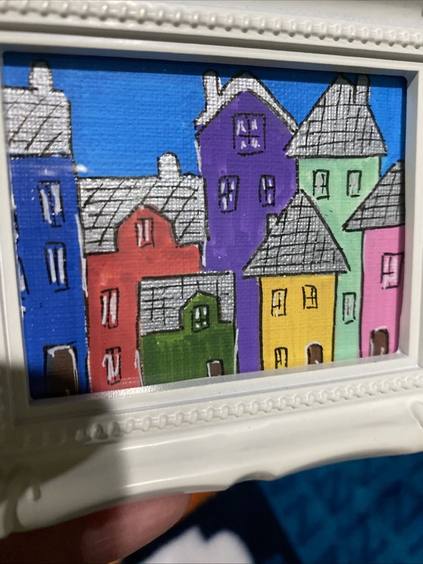 Houses,town,city,landscape ,Original Painting,framed,miniature,small,mini gallery
