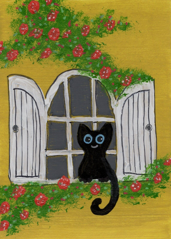 ACEO Mini **Art Print** Card Black Cat Windowsill in Mediterranean by Saulite