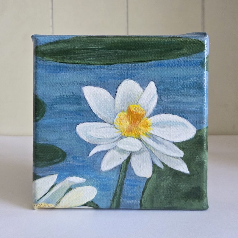 Original 4″ X 4″ Canvas Painting Water Lily Flower Peaceful Blue & White Art