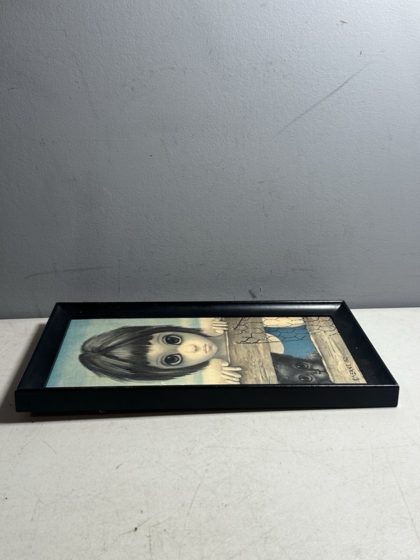 Walter Keane Watching 1962 Framed Signed Portrait Painting Child Dog Canvas 6x12 gallery