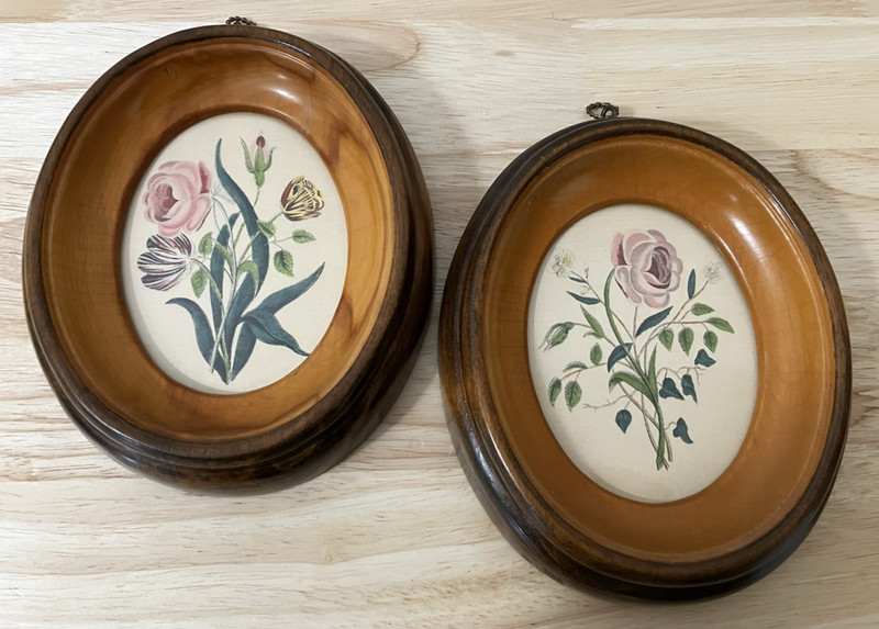 Victorian Paper Theorem Florals Set of 2 Oval Wood Frame w/ Glass ANTIQUE