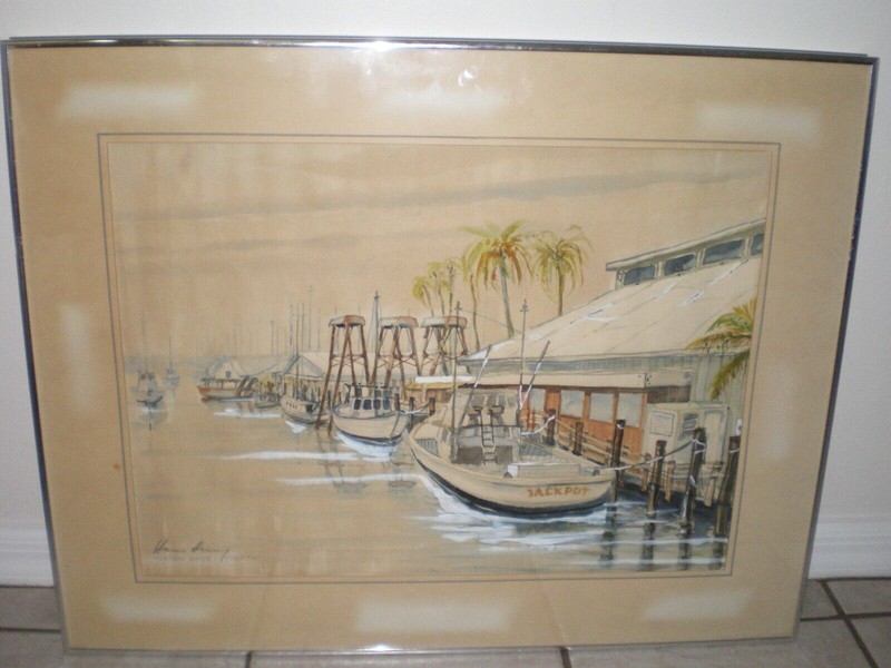 Harry Hering Gordon River Tin City Naples Florida Boats Dock Wharf Coastal 21x15