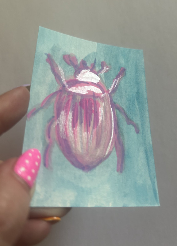 Aceo Original – Pink Beatle Bug Acrylic Mixed Media Metalic Sawyer Crane Art