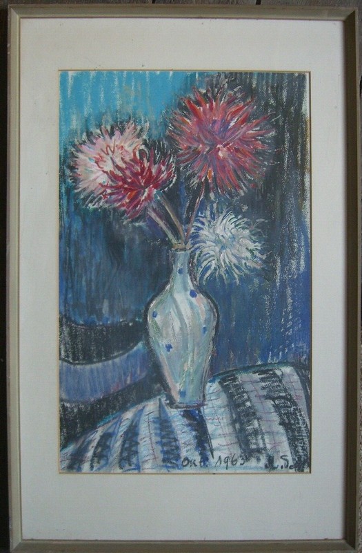 Pastell 1963 Chrysanthemen Signed Monogram Expressionist Flowers