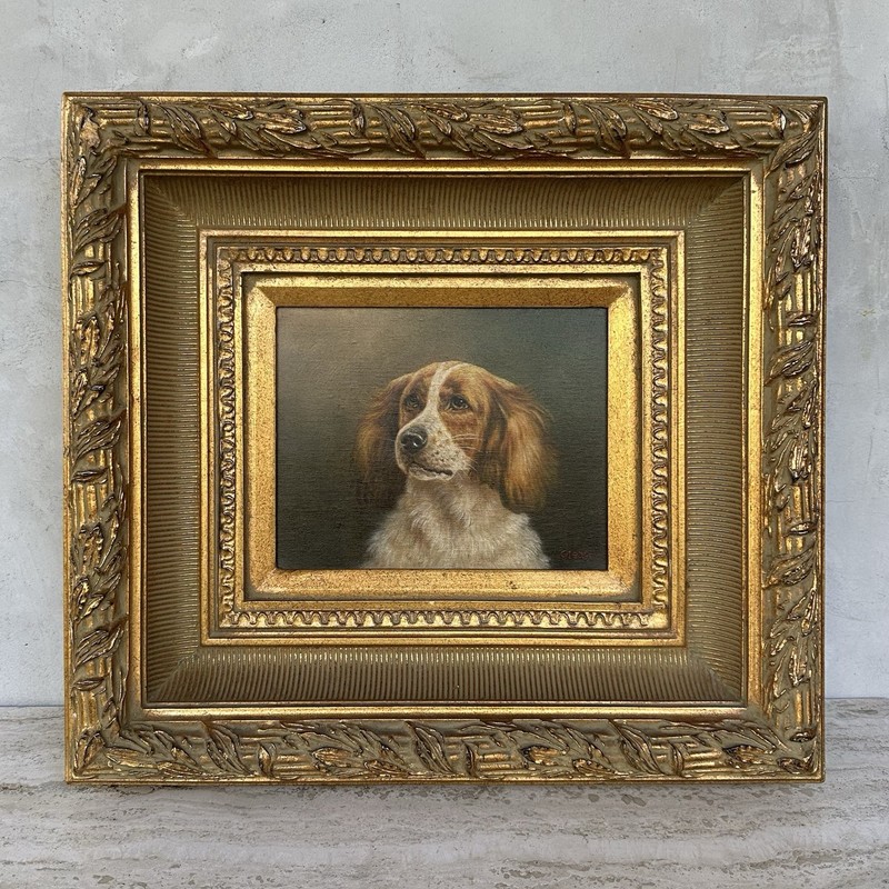 GLEASON Oil On Linen King Charles Springer Dog Painting Large Ornate Gold Frame
