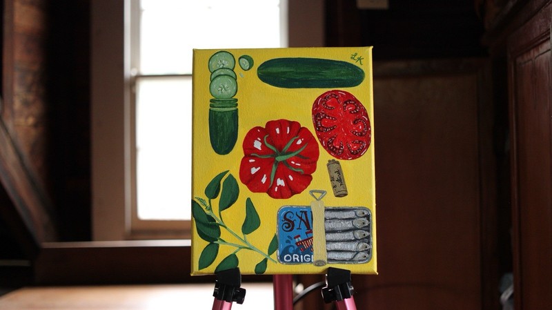Original Painting 8”x10” Mediterranean Summer Tomato Sardines Cucumber Picnic
