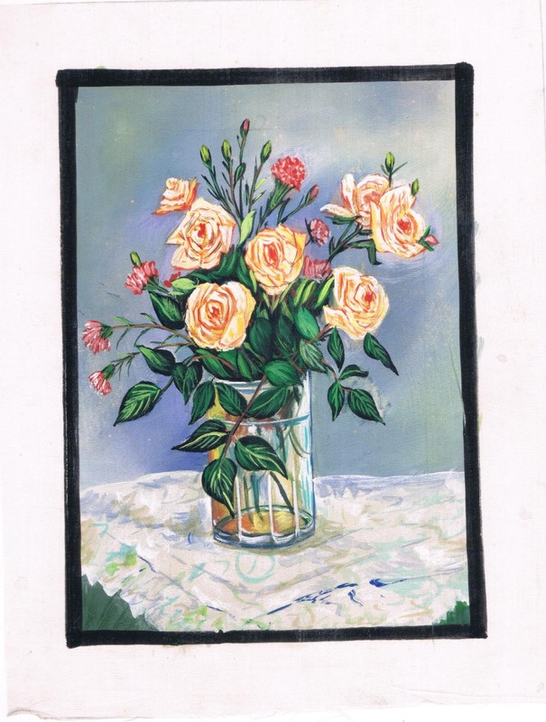 Handmade Painting of Roses In A Vase on Silk Cloth 7X9″