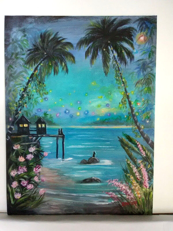 Original Acrylic Painting 9″x12″ Beach Huts Floral Tropical Wall Art Decor