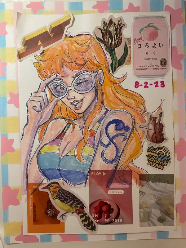 original gouache Nami anime character illustration 10.5x 7.5 inches signed