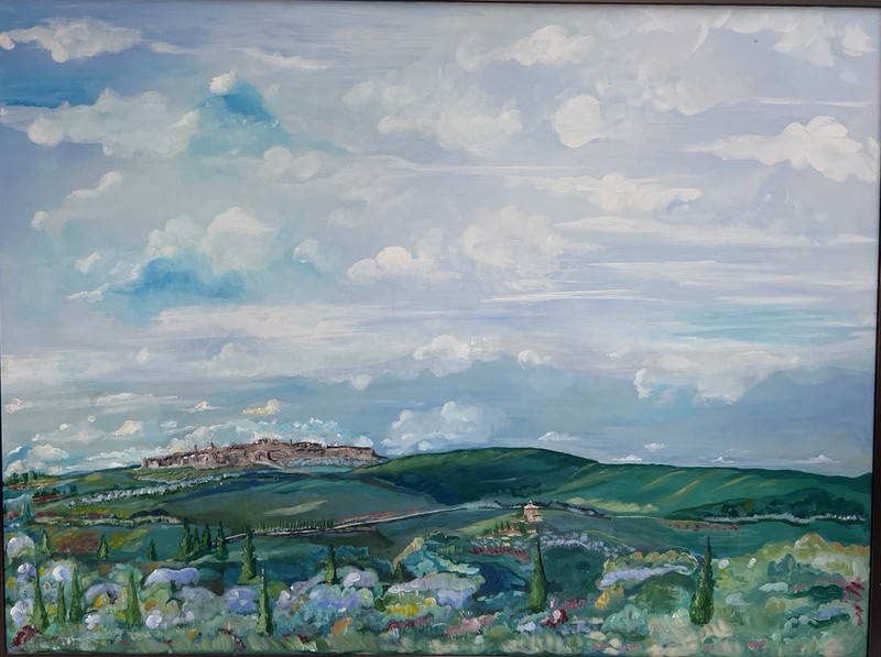 Impressionism Landscape Painting, Hills Wildflowers Cloudy Sky, Unframed