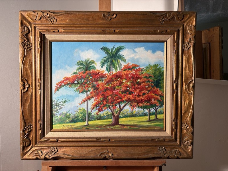 Gaby De La Riva Landscape Painting Flamboyant Tree Cuban Royal Palm Cuba Vintage gallery