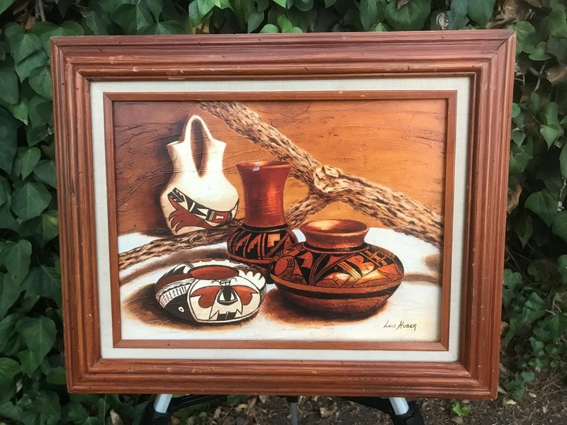 LOIS HUBER Original 1980s MODERN WESTERN Hopi Pottery Still Life Oil on Board gallery