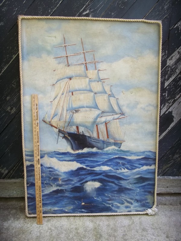 LARGE SIZE 38″ BY 56″ OIL PAINTING ON CANVAS SAILING SHIP ON THE HIGH SEAS