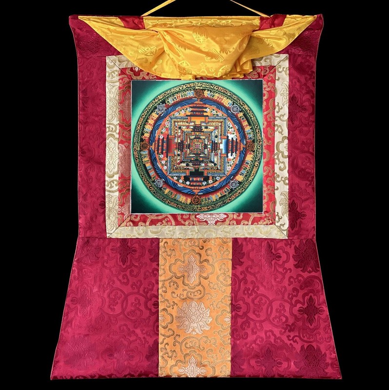 Silk Brocade Mounted Kalachakra Mandala, Wheel of Time Thanka, Dalai Lama