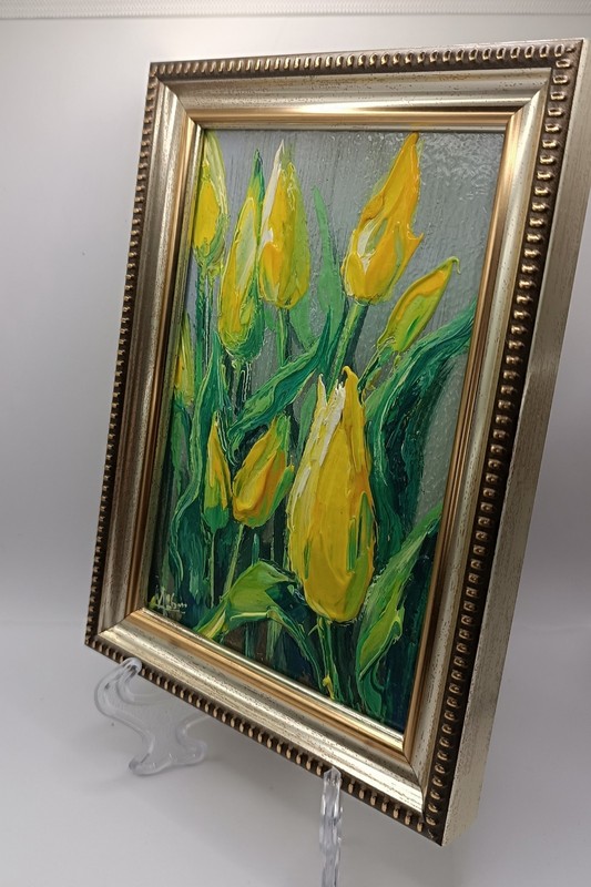 Original Oil Painting Yellow Tulips Floral Miniature 4x6 Impasto Small Art gallery