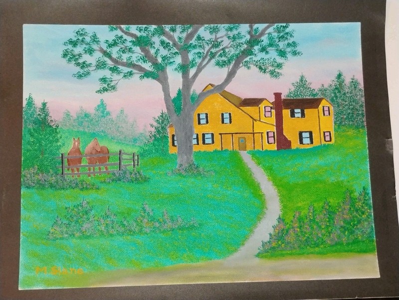 Vtg Folk Art Oil Painting Rustic Colonial Homestead Horses Signed Merrill Slane gallery