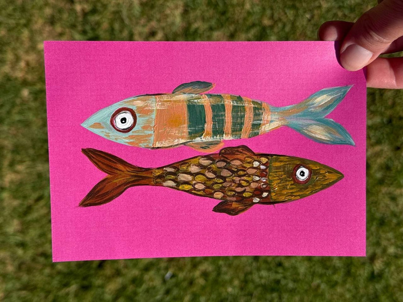 Original Colorful Fish Painting, Small Acrylic Artwork, Whimsical Coastal Wall