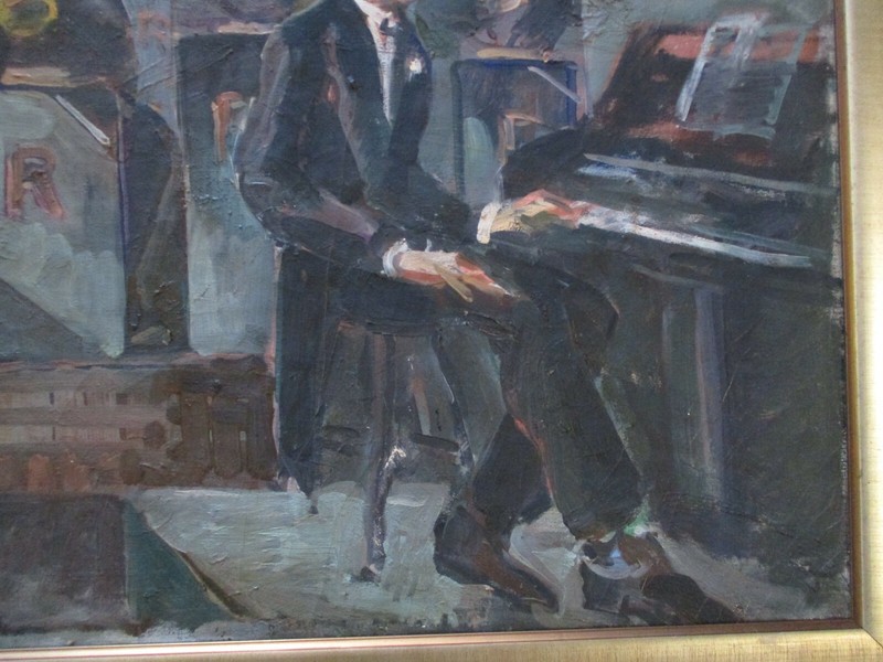ANTIQUE PORTRAIT PAINTING WPA ERA MUSICIAN BAND BAR CLUB AMERICAN REGIONALISM gallery