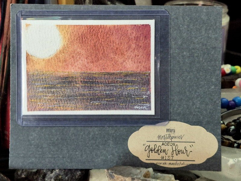 “GOLDEN HOUR” MM#137 ACEO SIGNED OOAK WATERCOLOR SHIMMER LANDSCAPE SUNSET OCEAN