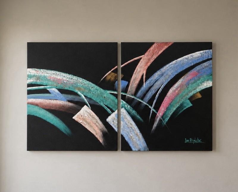 Lee Reynolds Abstract Diptych Painting Pair 60” x 30” MCM Vanguard Studios