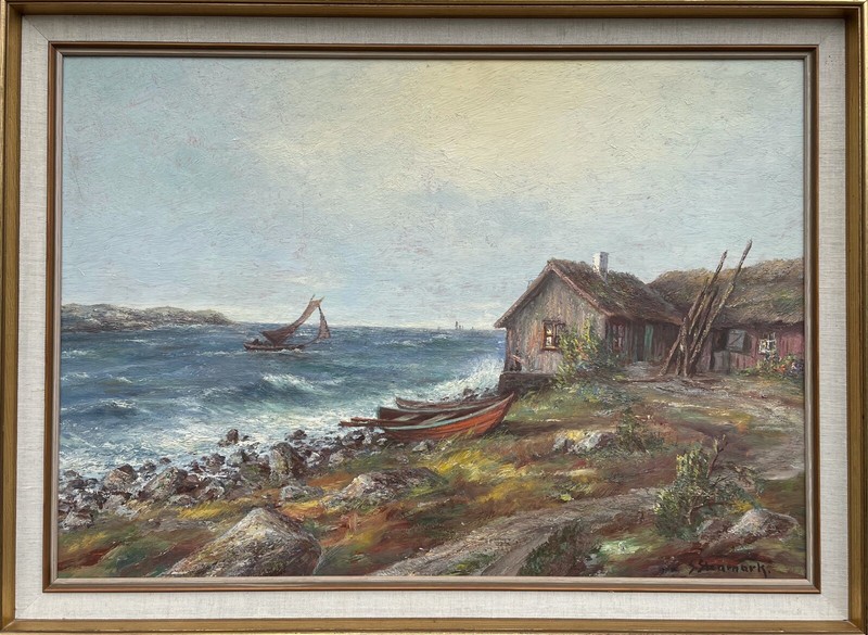 IMPRESSIONIST ALTE FISCHERKATE AM MEER FELSIGE KÜSTE BOOTE BRANDUNG 77X56,5CM