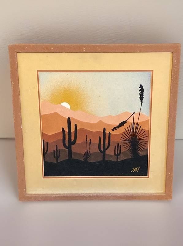 Vintage Sand Painting On Board Signed Sunset