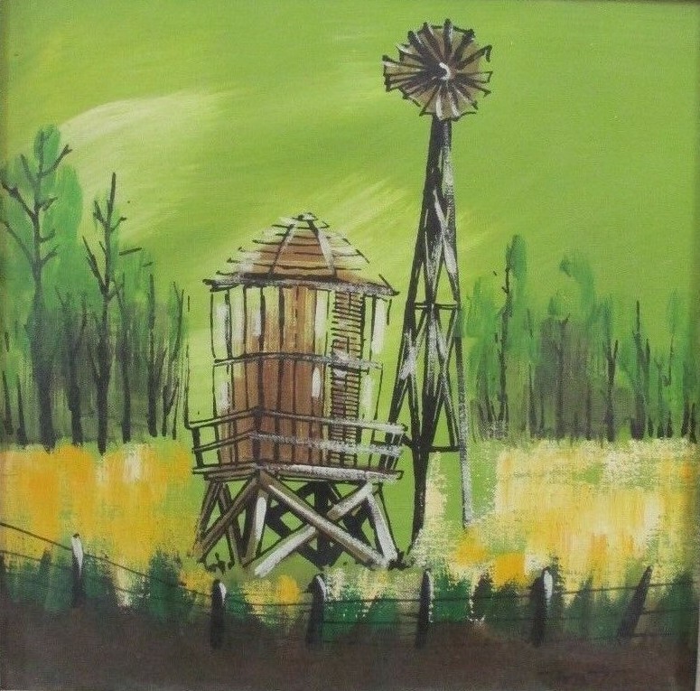 Funky Americana Matson Vintage Windmill Lime Green & Yellow Original Oil/Canvas